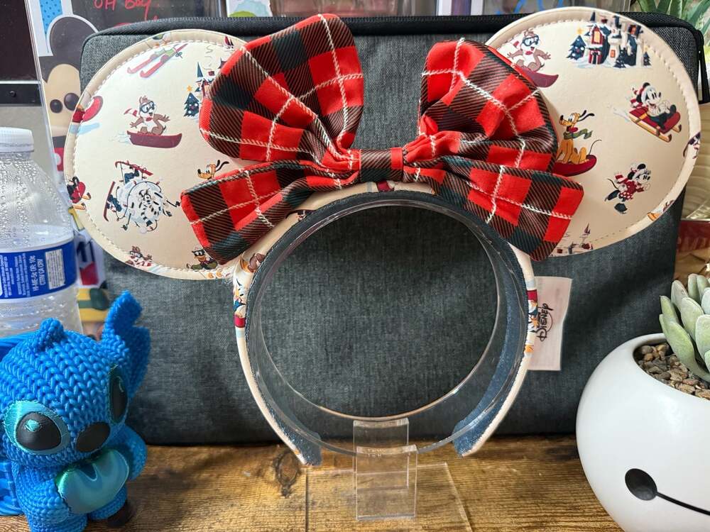 EUC Disney Parks Holiday Lodge Mickey and Friends Ears with Red Plaid Bow